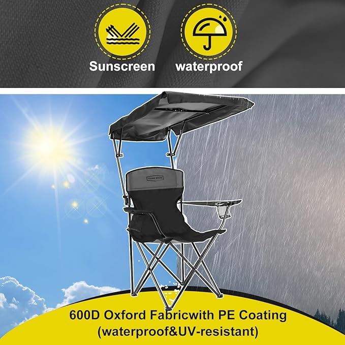YOUNG WOOD Portable Camping Chair Beach Chair with Shade Canopy, Fold Lightweight Oversized for All, Easy to Open and Close Without Installation, Side Pocket Design for All Outdoor Activities,Black,2p