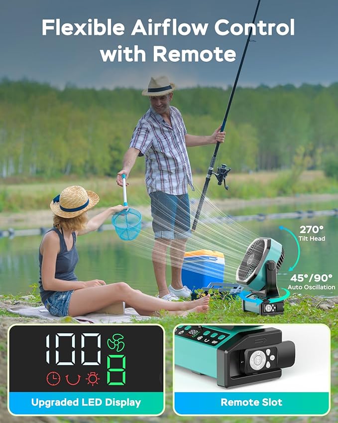 LED Lantern with Camping Fan, 20000mAh Rechargeable Battery Operated Fan, 112H Max Cooling Time, 8 Speeds, Digital Display, Remote Control, 270°Pivot with Hook for Tent Car RV Power Outage Hurricane