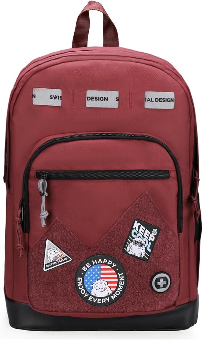 Swissdigital Design Big Student Laptop Backpack with Fun Personalized Patches For College Boy & Girl, Middle High School Teen Bookbag Cool Travel Daypack Burgundy - Includes 3 Patches | SD1718-44