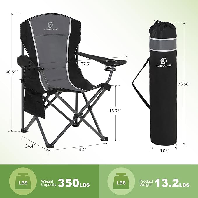 LET'S CAMP Oversized Outdoor Folding Camping Chair, 2 Pack Heavy Duty Arm Chairs with Cup Holder and Storage Bag, 350 LBS Weight Capacity, Grey