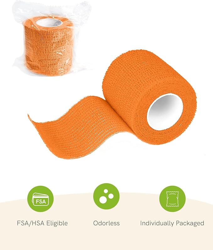 FriCARE Self Adhesive Bandage Wrap, Medical Tape in First Aid Kit, Cohesive Bandages for Wounds Sport Vet, FSA/HSA Eligible, 2 Inches X 5 Yards 6 Rolls, Orange