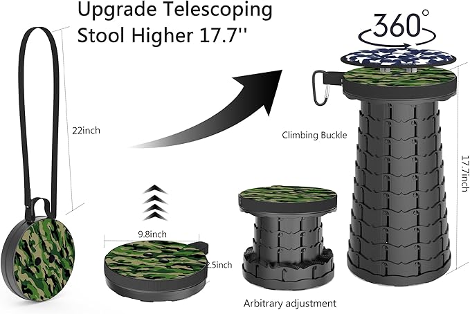ALEVMOOM Upgraded Telescoping Collapsible Stool with Cushion, Folding Stool with Printing Portable Retractable Foldable Seat Max Load 550lbs for Adults Camping Fishing Outdoor