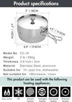 CAMPINGMOON 2 Quart Camping Saucepan 3-ply Stainless Steel Cooking Pot w/Lid Foldable Handle Compact Storage Portable IH Compatible CC-18