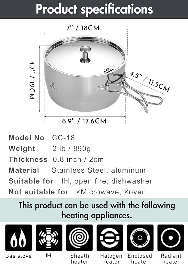CAMPINGMOON 2 Quart Camping Saucepan 3-ply Stainless Steel Cooking Pot w/Lid Foldable Handle Compact Storage Portable IH Compatible CC-18