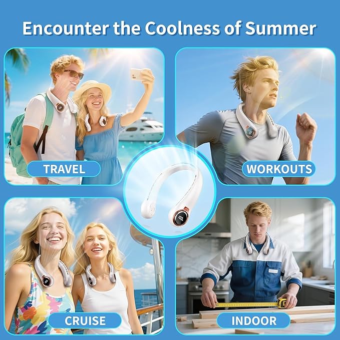 Portable Neck Fan with 6000mAh USB - Rechargeable Battery, Ultra-Light Bladeless Neck Fan LED Display, 360° Cooling Wearable Fan, 3 Speeds (White)
