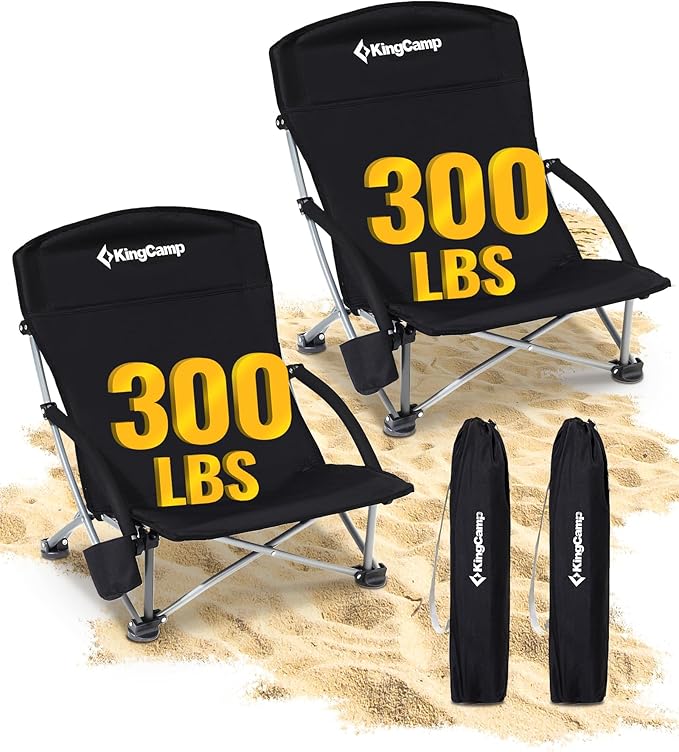 KingCamp Low Beach Chairs, Portable Folding Chair for Adults Extra Wide Ergonomic High Back Seat 300lbs Heavy Duty Lightweight Oversized Gear with Carry Bag for Outdoor Lawn Camping Picnic