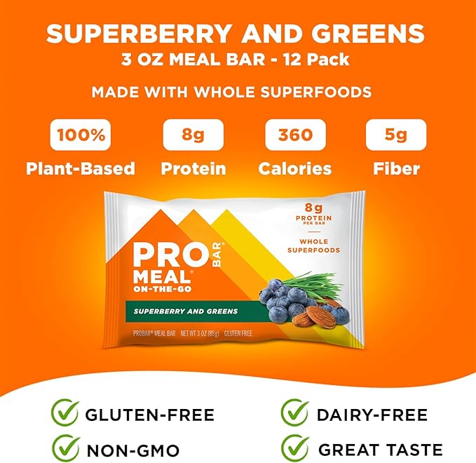 PROBAR - MEAL Bar, Superberry & Greens, Non-GMO, Gluten-Free, Healthy, Plant-Based, Whole-Food Ingredients, Natural Energy (12 Count)