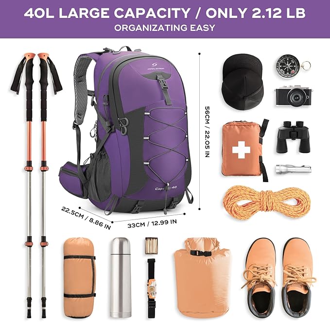 Maelstrom Hiking Backpack,Camping Backpack,40L Waterproof Hiking Daypack with Rain Cover,Lightweight Travel Backpack,Purple