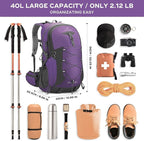 Maelstrom Hiking Backpack,Camping Backpack,40L Waterproof Hiking Daypack with Rain Cover,Lightweight Travel Backpack,Purple