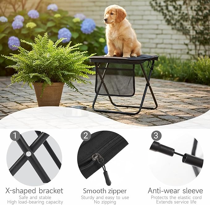 13 x 10.6 Inch Portable Folding Camping Stool, Metal Frame with Storage Mesh, Small Folding Stool for Adults Lightweight Outdoor Seating for Camping Fishing Hiking BBQ Hold Up to 265 LBS (Black)