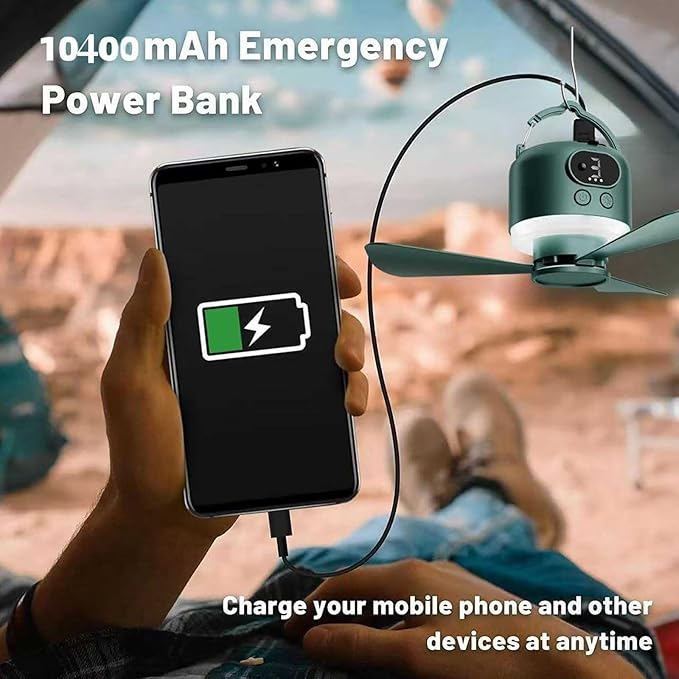 Wireless Portable Ceiling Fan with Remote, 3-Blade Design, 10040mAh Battery Operated, USB Rechargeable Hanging Fan with Hook for Tent, Camping, Outdoor, Type-C Rechargeable (Green)