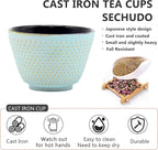 Japanese Cast Iron Tea Cups, Small and Heavy Teacups with no Handles, Japanese Style Cups for Adults, Asian Teacup, Coated with Enameled Interior, 4 Pcs/Box (Lightblue, 2oz/60ml)