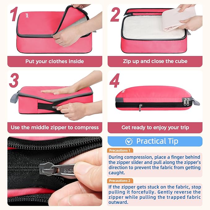 BAGAIL 4 Set/6 Set/8 Set Compression Packing Cubes Travel Accessories Expandable Packing Organizers (Cloth Pattern, 4-Coral)