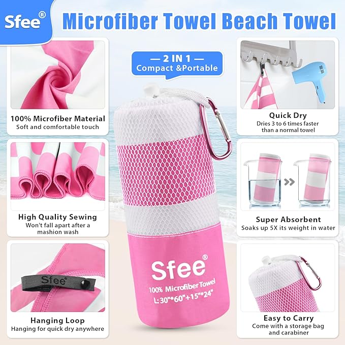 Sfee 2 in 1 Microfiber Oversized Beach Towel, Quick Dry Towel Travel Towel Camping Towel Super Absorbent Compact Lightweight Sports Gym Towels for Beach,Gym, Hiking, Pool, Backpacking, Bath, Yoga