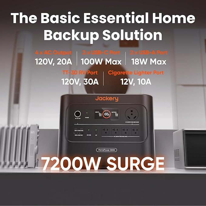 Jackery HomePower 3000 Portable Power Station with AC Cable and 2x 200W Solar Panels, 3600W (Surge 7200W) Output, 3072Wh LFP Solar Generator, Essential Backup for Home Use, Power Outage, Emergencies
