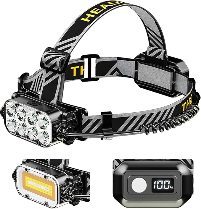 Headlamp Rechargeable, 8 LED Head Lamp, 360° Double Sided Rotating Head Flashlight, Super Bright Outdoor Waterproof Headlight for Camping, Running, Hiking, Hunting, Fishing, Reading, Working