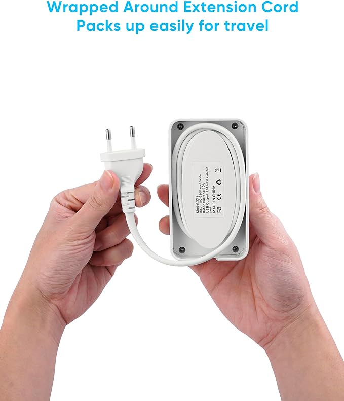 Kakyanill European Travel Plug Adapter, EU/UK/US Travel Adapter Power Strip, 6 AC Outlets, 65W USB C Power Delivery, 3ft Wrapped Around Extension Cord, Compact for Travel