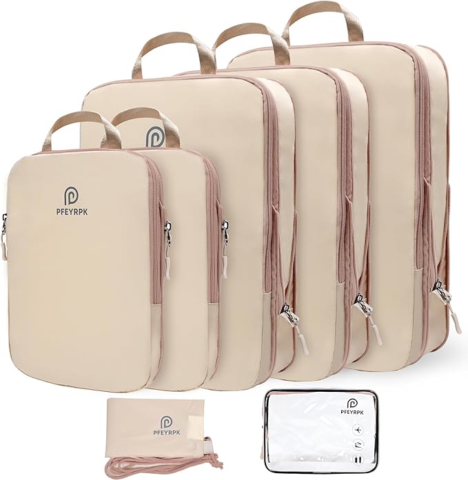 Lightweight Compression Packing Cubes for Suitcases, Compressible Expandable Travel Packing Organizer with Clear Toiletries and Backpack Bag, Travel Essentials for Carry on Luggage 7 Set