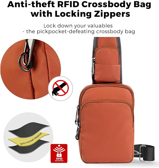 VADOO Sling Bag, Crossbody Bag with Zipper Lock, RFID Blocking & Water Resistant for Men and Women