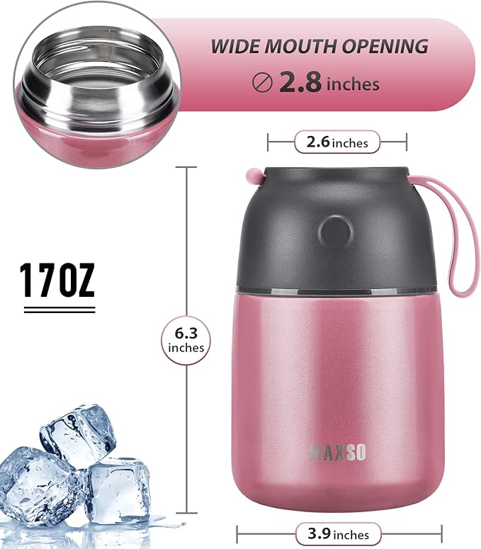MAXSO Soup Thermo for Hot & Cold Food for Adults Kids, 17 oz Vacuum Insulated Steel Lunch Container Bento Box with Spoon, Leakproof Thermal Food Jar for School Office Travel - Pink