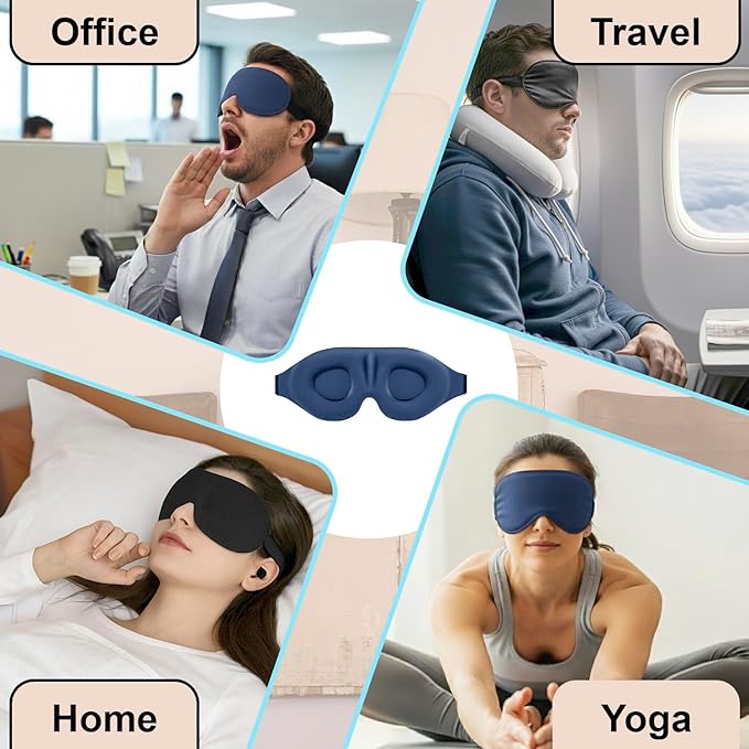 Luxury Sleep Mask – Pack of 2 Ultra-Soft Silk Eye Covers with Adjustable Strap & Soft Ear Loops, 3D Contoured Light Blocking Sleeping Mask for Travel, Naps & Relaxation(Black & Blue)
