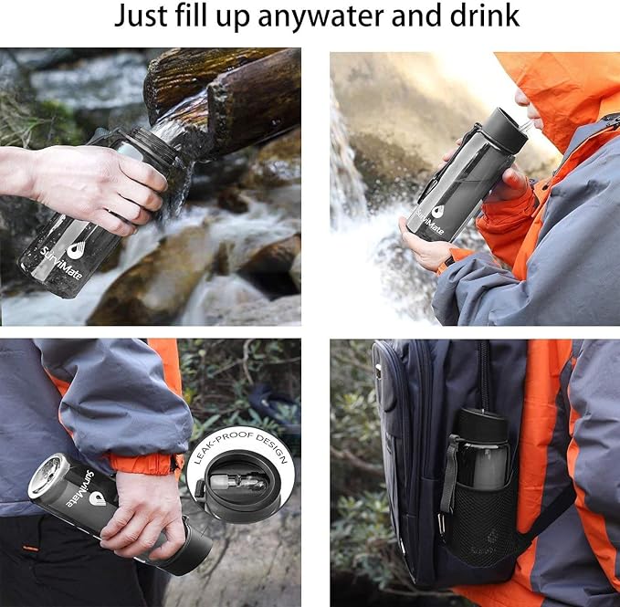 SurviMate Purified Water Bottle for Camping, Hiking, Backpacking and Travel, BPA Free with 5-Stage Intergrated Filter Straw