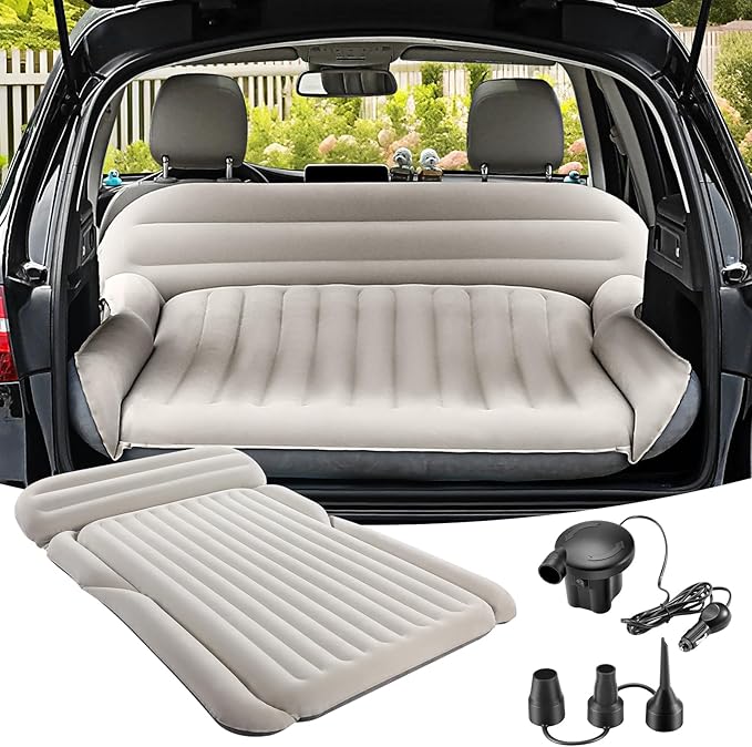 KMZ SUV Air Mattress Thickened Double Flocking Camping Mattress Upgraded Portable Sleeping Car pad Comfortable Inflatable Travel Bed with External Pump and 2 Pillows（Off-White and Light Gray）