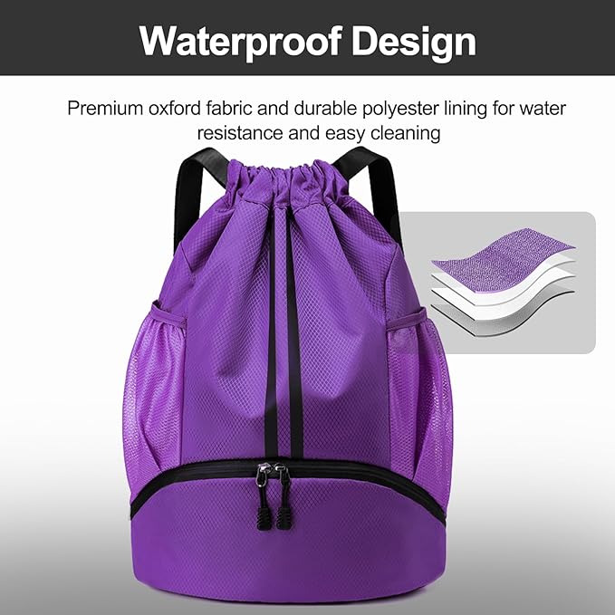 Hoedia Sports Drawstring Backpack - String Swim Gym Bag with Shoes Compartment and Wet Proof Pocket for Women/Men (Purple)