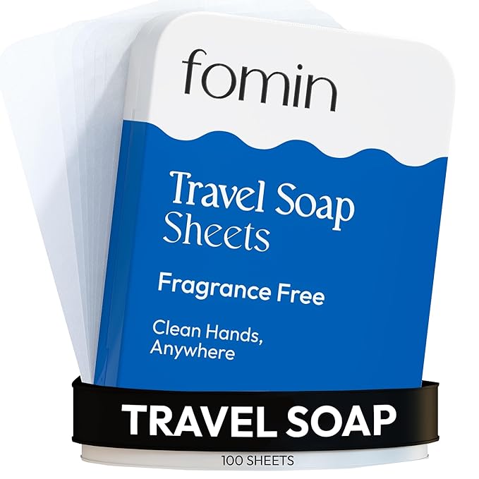 FOMIN - Antibacterial Paper Soap Sheets Tin for Traveling - (100 Sheets) Fragrance Free Portable Travel Hand Soap Sheets, Dissolvable Mini Camping Hand Soap for Hand Washing