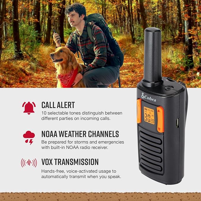 Cobra RX180 Walkie Talkies (2-Pack) – Lightweight, Easy-to-Use Compact Two Way Radios Long Range, 22 Preset Channels, NOAA Weather Alerts, VOX Feature, LED Flashlight (Orange/Black)