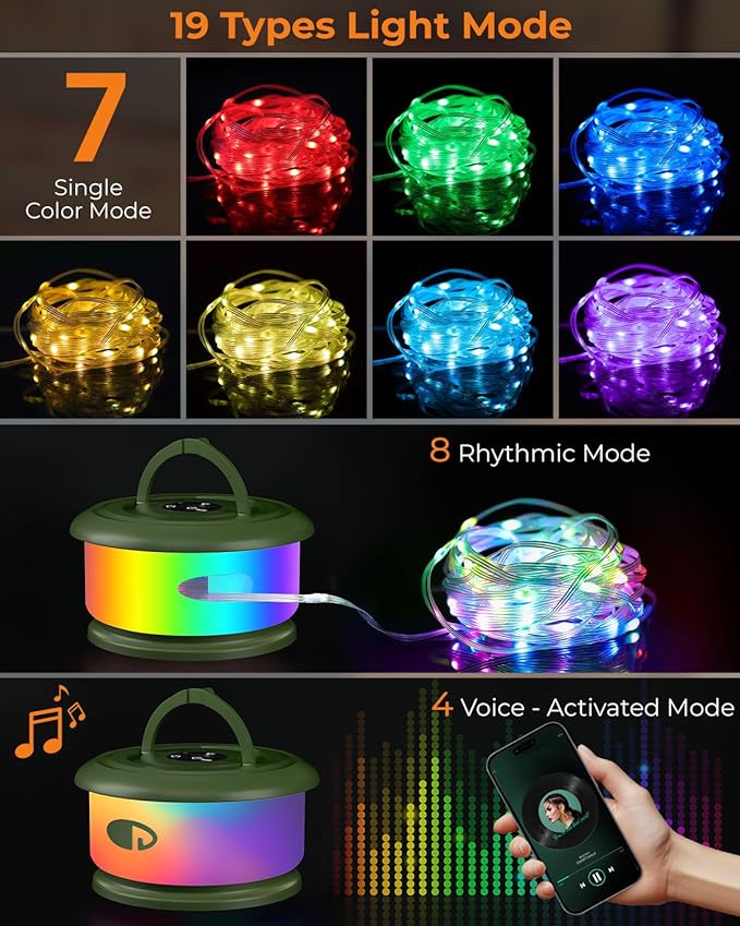 Camping String Lights, Retractable 32.8ft RGB Flash Lamp, Rechargeable Fairy LED Rope Lights Outdoor Waterproof, Portable Hanging Lantern for Outside Tent Patio Awning Garden RV Essentials
