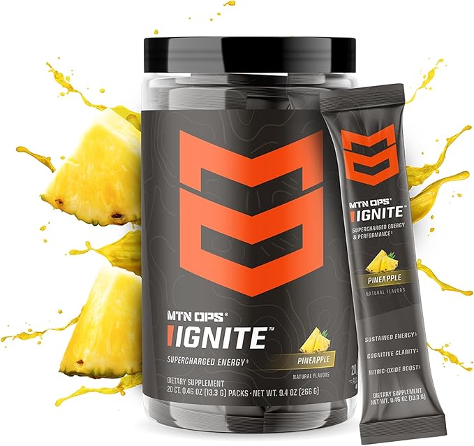 MTN OPS Ignite Trail Packs Energy Drink Powder, Gluten Free Nootropic Supplement Drink Mix, L Arginine, L Citrulline, Caffeine & Nootropic Sugar Free Drink Mix, 20 Servings, Pineapple Crush