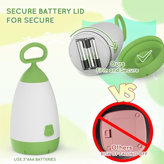 Kids Camping Lantern & Night Light Battery Powered (AAA Included), 360° Eye-Safe Light, IPX4 Waterproof with RGB Modes Portable for Outdoor, Emergency & Bedtime, Gift for Children (Green)