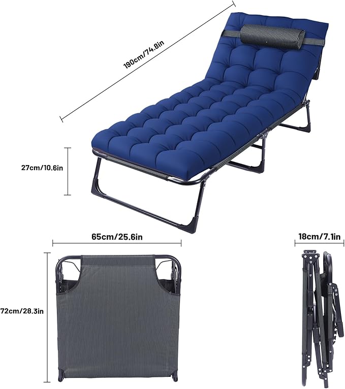 Oxford and Steel Frame 4-Angle Adjustable Foldable Bed Folding Camping Cot Bed with Extra Wide Padded Mattress Support for Adults Outdoor Travel Tent Use(Blue&Gray Mattress,L - 75 * 26'')