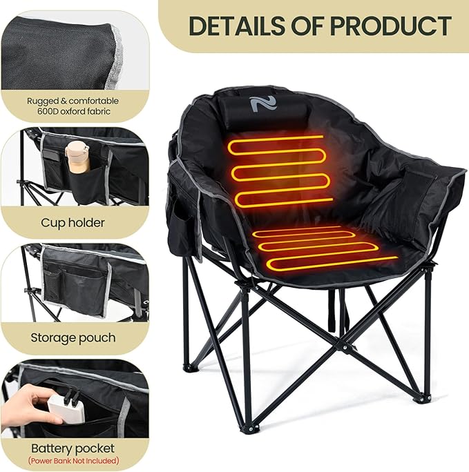 LILYPELLE Oversized Heated Camping Chair, Patio Lounge Chairs with 3 Heat Levels, Portable Folding Heated Chair Round Moon Saucer Folding Lawn Chair Outdoor Chair for Camping, Lounge Patio