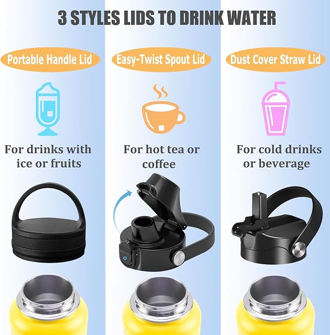 Water Bottle Insulated 32oz 40oz 64oz 128oz Straw Lid Spout Lid & 3 Lids, Leak Proof, Vacuum Insulated,Stainless Steel Water Bottle Wide Mouth for Sports, Gym or Office