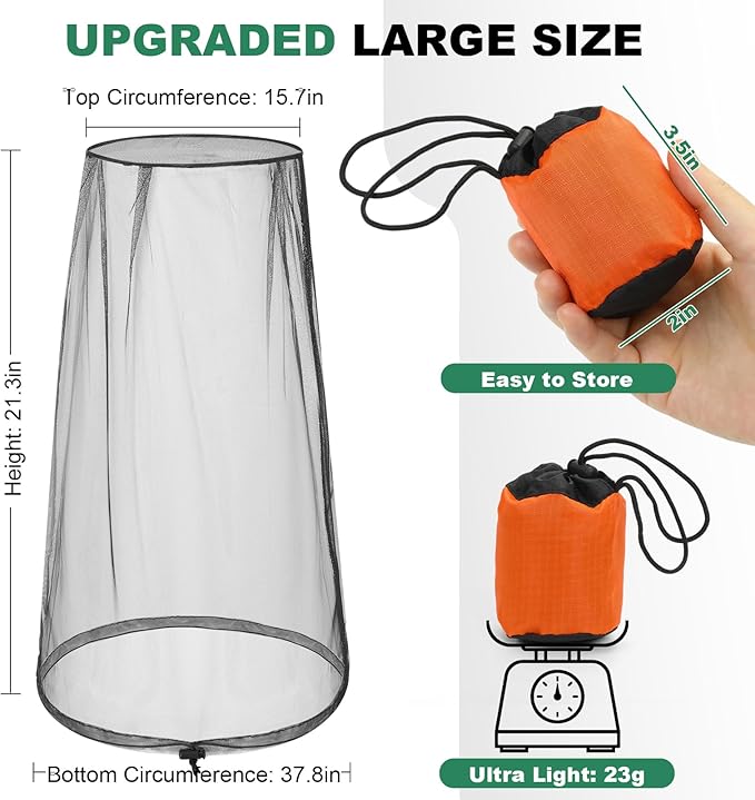 2 Pack Premium Mosquito Head Nets with Drawstring, Breathable Ultra Large Bug Net for Head, Mosquito Net Hat for Men and Women, Universal Fit for Hats, Essential for Outdoor Activities Black