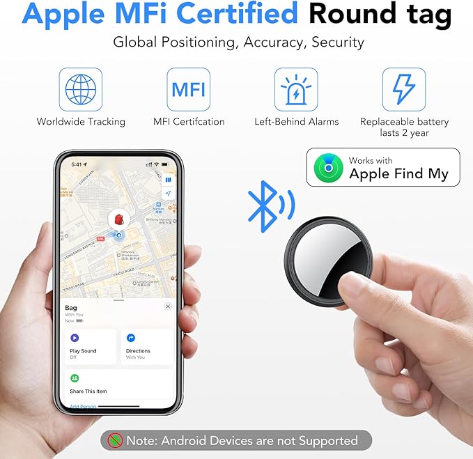 Air Tracker Tags-4 Pack, 2025 New [Apple MFi Certified], Bluetooth Tracker Work with Apple Find My (iOS Only), Replaceable Battery Last 2 Years,Item Finder for Luggage/Key/Suitcase,with Diverse Holder