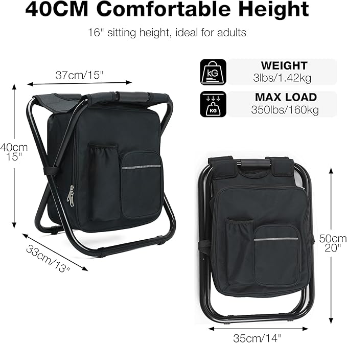 Lightweight Backpack Stool Cooler Chair Heavy Duty 350lbs for Adults, Folding Camp Stool with 15L Insulated Cooler for Fishing, Black