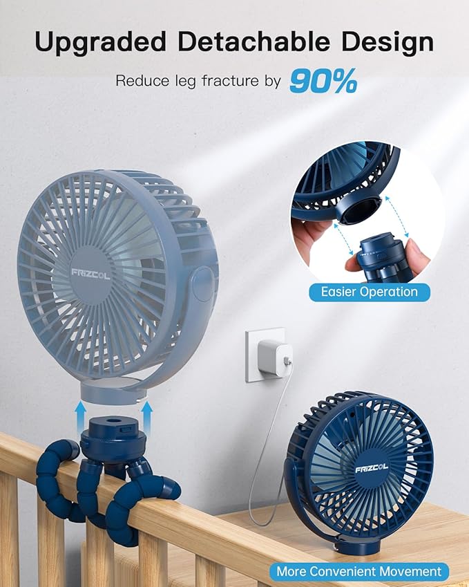 FRIZCOL 12000mAh Portable Stroller Fan, Use As Power Bank, 65H Battery Operated Fan Flexible Tripod Clip On Fans, Detachable Personal Handheld Baby Fans for Stroller, Car seat, Desk, Treadmill (Blue)