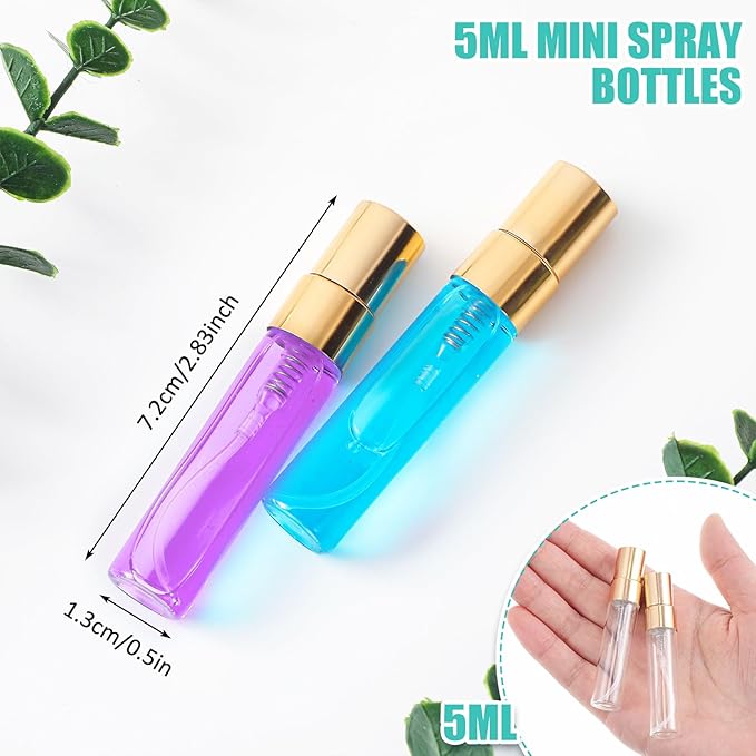 Zhehao 50 Pcs Mini Spray Bottles 5 ml Clear Glass Perfume Bottles Refillable Fine Mist Perfume Atomizer Portable Empty Sample Containers for Cleaning, Essential Oils, Travel (Gold Cap)