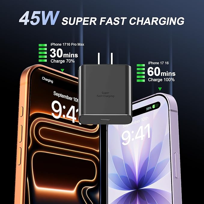 Phone 17 16 Pro Max Charger Fast Charging, 45W USB C Phone 17 16 Super Fast Charger Block with 10ft Long Type C Charging Cable Cord for i.Phone 17 Pro Max/17 Pro/17 Air/17/16/16Pro/16 ProMax-Black