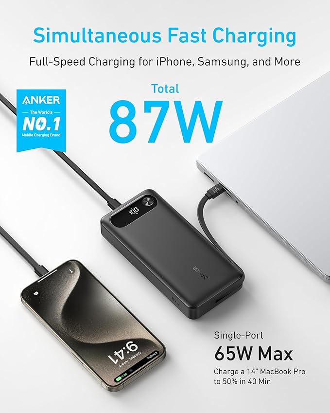Anker Power Bank, 20,000mAh Travel Essential Portable Charger with Built-in USB-C Cable, 3-Port 87W Max Fast Charging Battery Pack, for MacBook, iPhone 16/15 Series, Samsung, Switch, and More