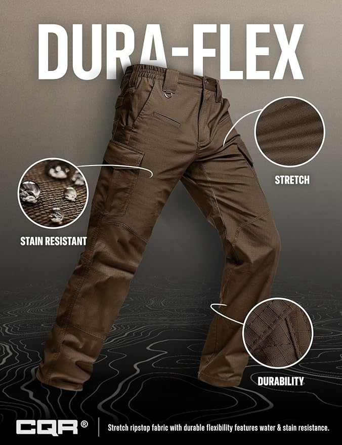 CQR Men's Flex Ripstop Tactical Pants, Water Resistant Stretch Cargo Pants, Lightweight EDC Hiking Work Pants