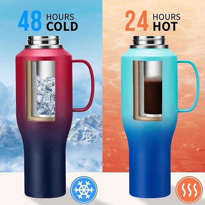40 oz Insulated Water-Bottle that fits in Cup Holder - Cold 48h/Hot 24h, Stainless Steel Tumblers with Lids and Straws & Bottle Sleeve, Leak Proof Metal Flask Cup, Travel Coffee Tumbler with Handle