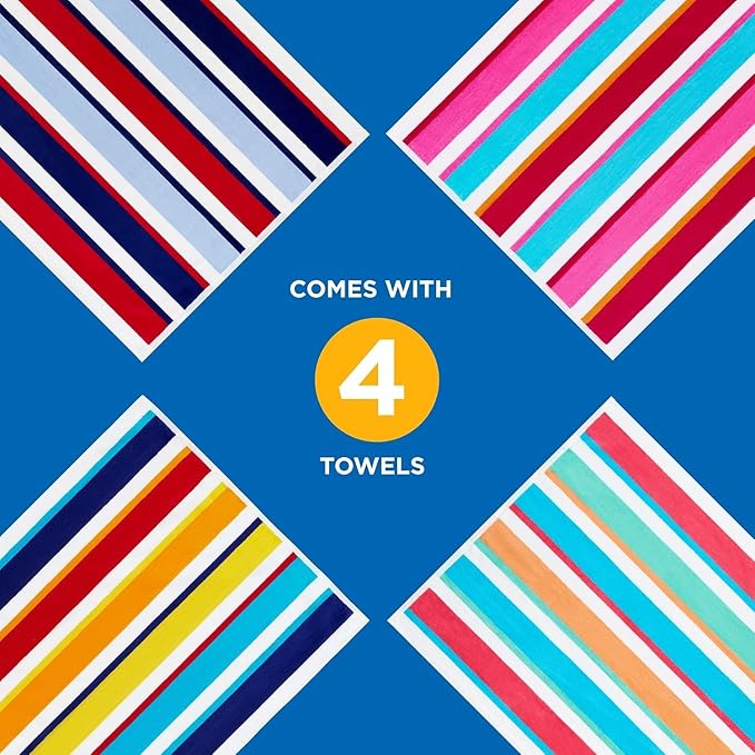 Ben Kaufman Joey Velour Colored Classic Multi-Color Stripe Beach & Pool Towel - Large Cotton Towel - Soft & Absorbant - Assorted Colors - 32” x 62” - 4 Pack
