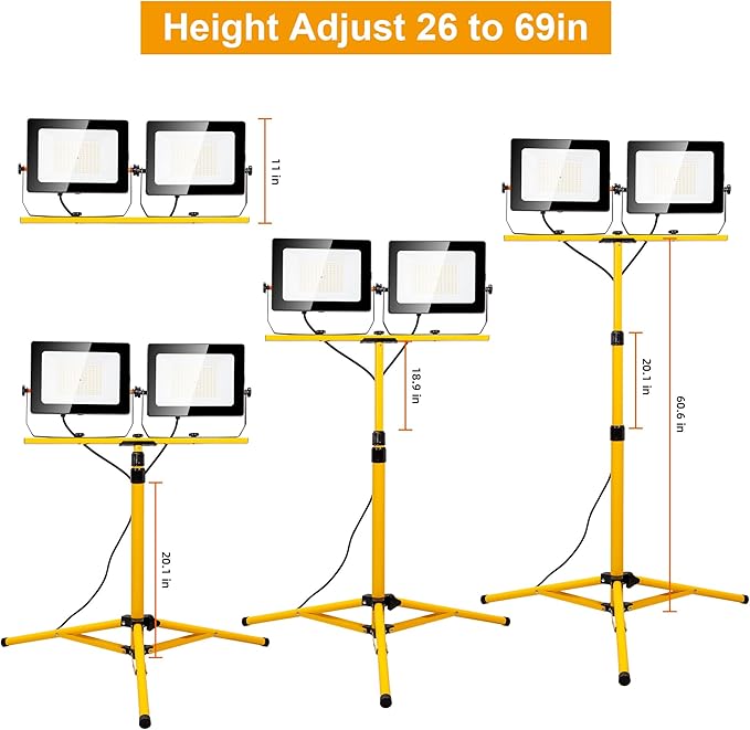 20000 Lumen Work Lights with Stand, 200W Dual Head LED Work Light, Waterproof Lamp with Individual Switch, Adjustable Metal Telescoping Tripod