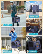 Morpilot Pet Travel Carrier Bag, Soft-Sided Dog Carrier Cat Carrier Pet Carrier, for Large Cats and Medium Puppies up to 25lbs, with Locking Safety Zippers, Foldable Bowl (Dark Blue)