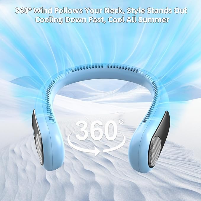 Portable Neck Fan,Personal Wearable Bladeless Fan,LED Display,4-Speeds,6000mAh USB Rechargeable,360° Strong Cooling Wind,Hands Free,Long Lasting,Birthday Gifts for Men Women Dad Mom (Light blue)