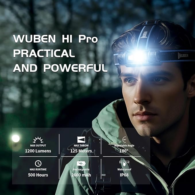 WUBEN H1 Pro Rechargeable Headlamp, 1200 High Lumen Ultra Bright LED Head Lamp, 11 Modes 180°Adjustable IP68 Headlight with Red Light for Outdoors Camping Hunting Hiking Running Fishing Gear